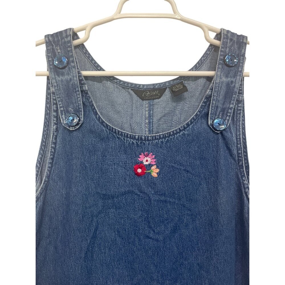 Vintage Denim Floral Embroidered‎ Sleeveless Dress With Button Strap Womens M - Picture 2 of 4